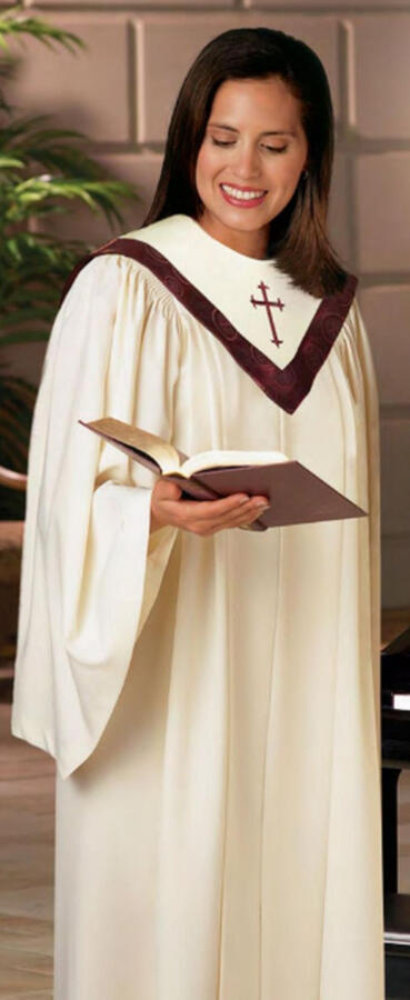 Tempo Hand-Tailored Choir Robe. Simple, classic, graceful lines. Generous front pleats. V-neckline. Open sleeves. 5 color choices. Viva fabric $159.95. (C-50)