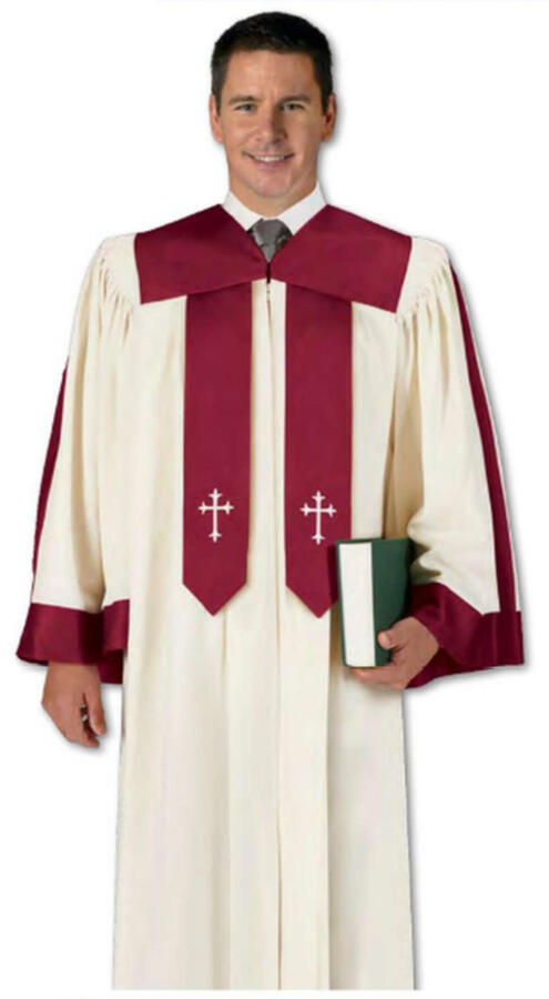 Crescendo Hand-Tailored Choir Robe. Contrasting yoke, front and back banners, sleeve accents. V-neckline. Latin Cross on front banner. Linen color, Wonder Crepe fabric. $249.95 (C-33)