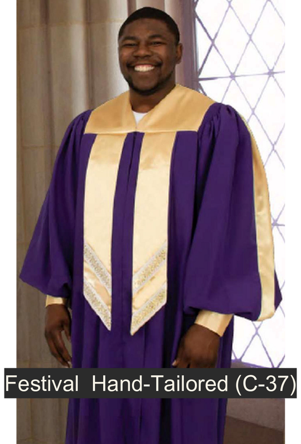 Festival Hand-Tailored Choir Robe. Contrasting yoke, front banner (trimmed in Metallic Gold Wheat ribbon), sleeve accents. V-neckline. 2 color choices. Viva fabric $249.95 (C-37)