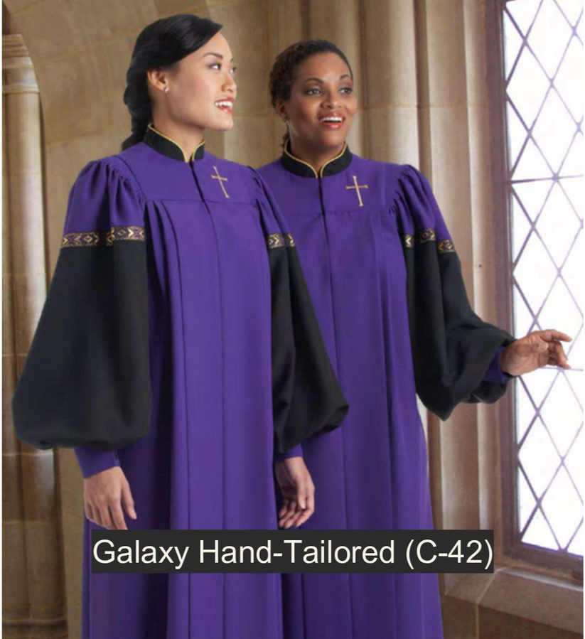 Galaxy Hand-Tailored Choir Robe. Dramatic and exciting. Coverall yoke. Contrasting collar (with gold piping) and sleeves (with ribbon trim and cuffs). Crestwood Purple Viva fabric. $239.95 (C-42)