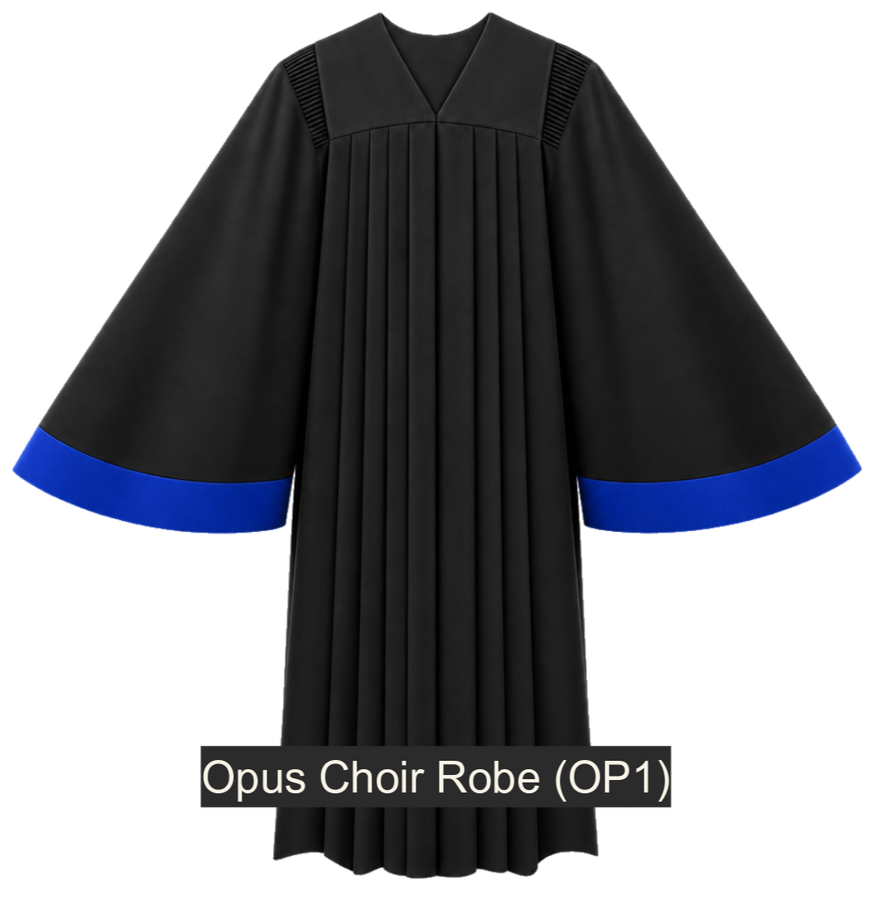 Opus Choir Robe. A standard V-neckline with 3" contrasting wristband accent. Add your own emblem. Satin fabric accents $20.00 extra. 12 color choices. 3 fabric choices: Viva $197.95, Tissue Faille $217.95, Wonder Crepe $221.95 (OP1)