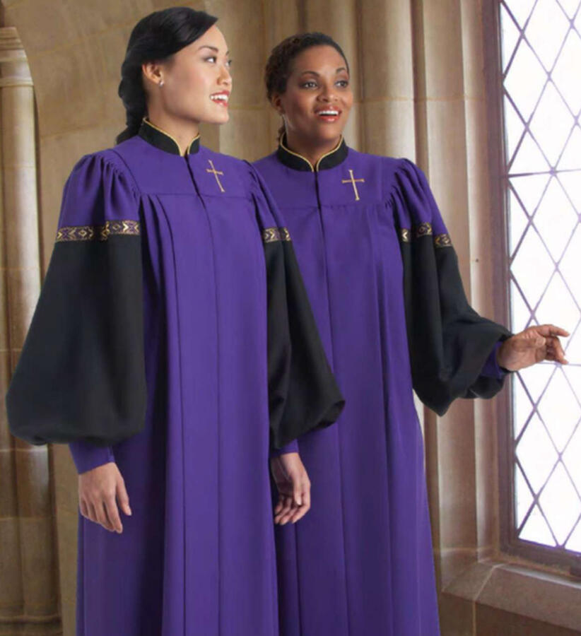 Galaxy Custom Choir Robe. Dramatic and exciting. Coverall yoke. Contrasting collar (with gold piping) and sleeves (with ribbon trim and cuffs). 12 color choices. 3 fabric choices: Viva $259.95, Tissue Faille $279.95, Wonder Crepe $289.95 (C42-cust)