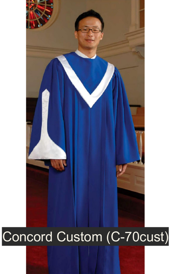 Concord Custom Choir Robe. Timeless fluted styling. Contrasting sleeve accents. 12 color choices. 3 fabric choices: Viva $193.95, Tissue Faille $213.95, Wonder Crepe $217.95 (C-70cust)