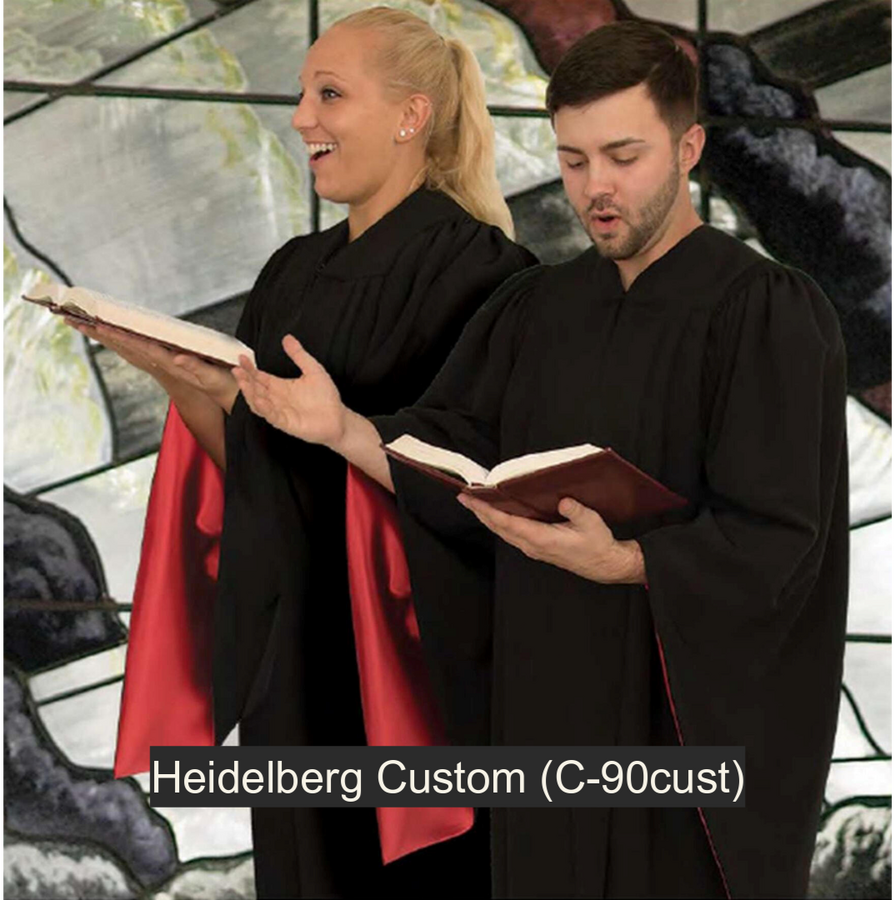 Heidelberg Custom Choir Robe. Long pointed sleeves combine comfort and elegance. Contrasting inner sleeve in Mystique Satin. V-neckline. 12 color choices. 3 fabric choices: Viva $215.95, Tissue Faille $235.95, Wonder Crepe $239.95 (C-90cust)