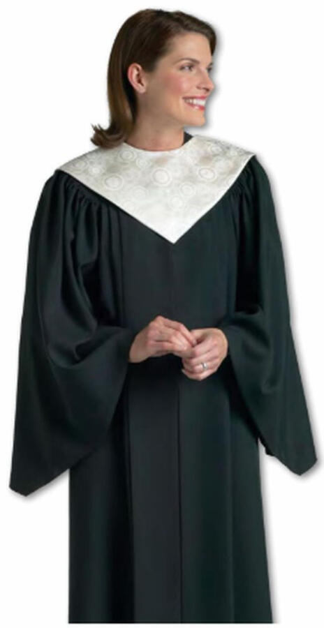 Tempo Custom Choir Robe. Simple, classic, graceful lines. Generous front pleats. V-neckline. Open sleeves. 12 color choices. 3 fabric choices: Viva $185.95, Tissue Faille $205.95, Wonder Crepe $209.95 (C-50cust)