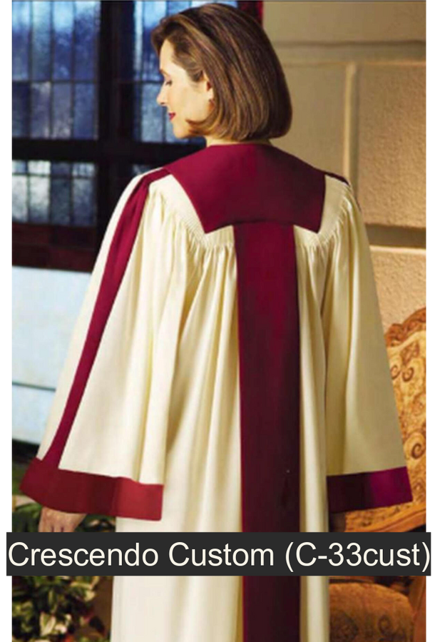 Crescendo Custom Choir Robe. Contrasting yoke, front and back banners, sleeve accents. V-neckline. 12 color choices. 3 fabric choices: Viva $269.95, Tissue Faille $279.95, Wonder Crepe $289.95 (C-33cust)