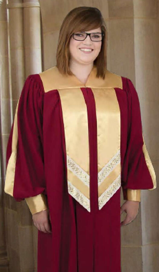 Festival Custom Choir Robe. Contrasting yoke, front banner (trimmed in Metallic Gold Wheat ribbon), sleeve accents. V-neckline. 12 color choices. 3 fabric choices: Viva $269.95, Tissue Faille $279.95, Wonder Crepe $289.95 (C-37cust)