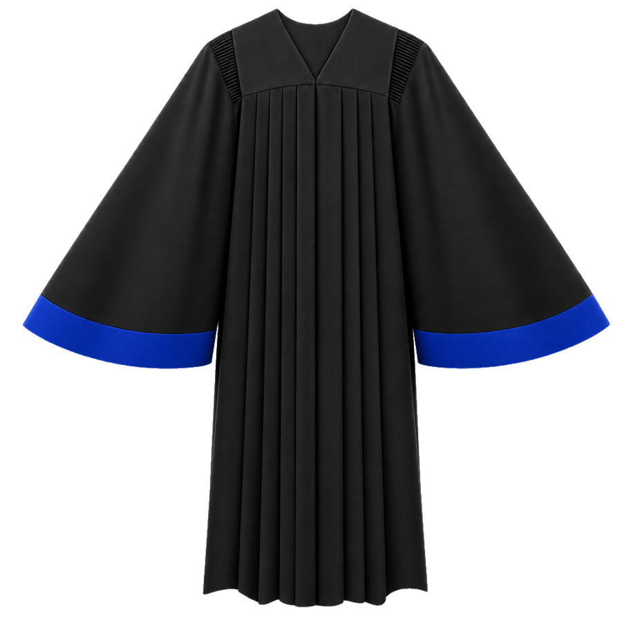 Opus Choir Robe. A standard V-neckline with 3" contrasting wristband accent. Add your own emblem. Satin fabric accents $20.00 extra. 12 color choices. 3 fabric choices: Viva $197.95, Tissue Faille $217.95, Wonder Crepe $221.95 (OP1)
