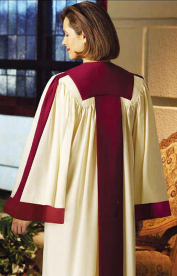 Crescendo Custom Choir Robe. Contrasting yoke, front and back banners, sleeve accents. V-neckline. 12 color choices. 3 fabric choices: Viva $269.95, Tissue Faille $279.95, Wonder Crepe $289.95 (C-33cust)