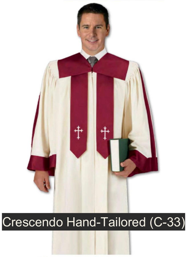 Crescendo Hand-Tailored Choir Robe. Contrasting yoke, front and back banners, sleeve accents. V-neckline. Latin Cross on front banner. Linen color, Wonder Crepe fabric. $249.95 (C-33)