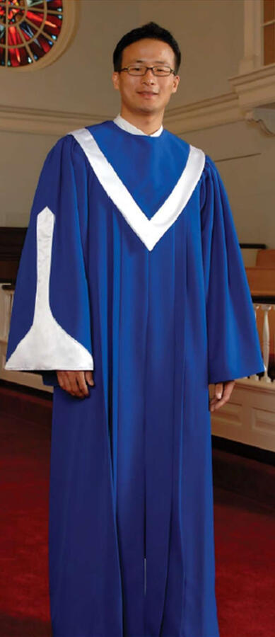 Concord Custom Choir Robe. Timeless fluted styling. Contrasting sleeve accents. 12 color choices. 3 fabric choices: Viva $193.95, Tissue Faille $213.95, Wonder Crepe $217.95 (C-70cust)