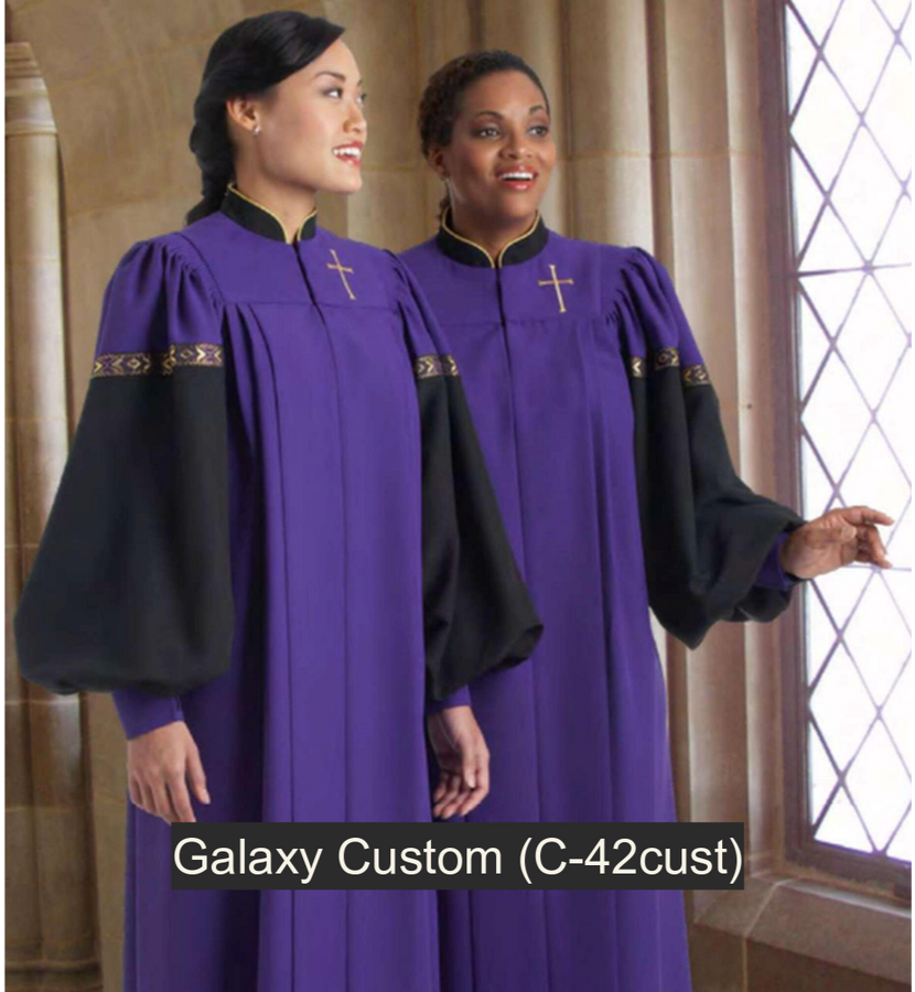 Galaxy Custom Choir Robe. Dramatic and exciting. Coverall yoke. Contrasting collar (with gold piping) and sleeves (with ribbon trim and cuffs). 12 color choices. 3 fabric choices: Viva $243.95, Tissue Faille $263.95, Wonder Crepe $273.95 (C42-cust)