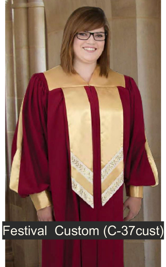 Festival Custom Choir Robe. Contrasting yoke, front banner (trimmed in Metallic Gold Wheat ribbon), sleeve accents. V-neckline. 12 color choices. 3 fabric choices: Viva $269.95, Tissue Faille $279.95, Wonder Crepe $289.95 (C-37cust)