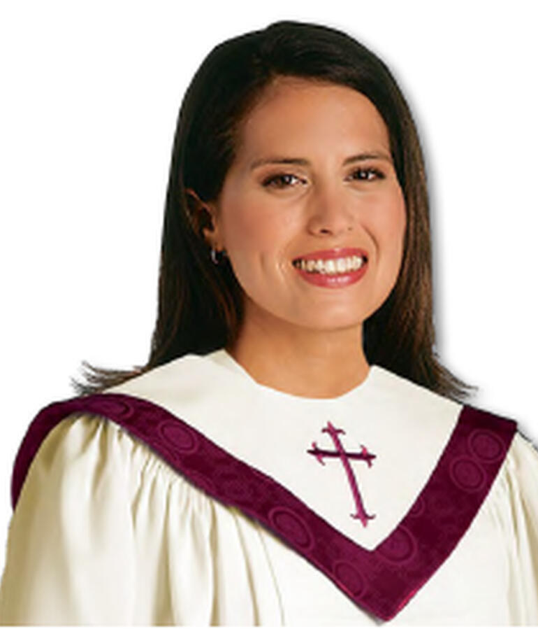 Hand-Tailored Reversable Stole. Millenova Brocade trim and reverse. Embroidered Latin Cross or custom emblem. $29.95. White/Vermillion (18180MR), Linen/Maroon (18173MR), Chianti/Ivory (18175MR), Sapphire/White (18178MR)