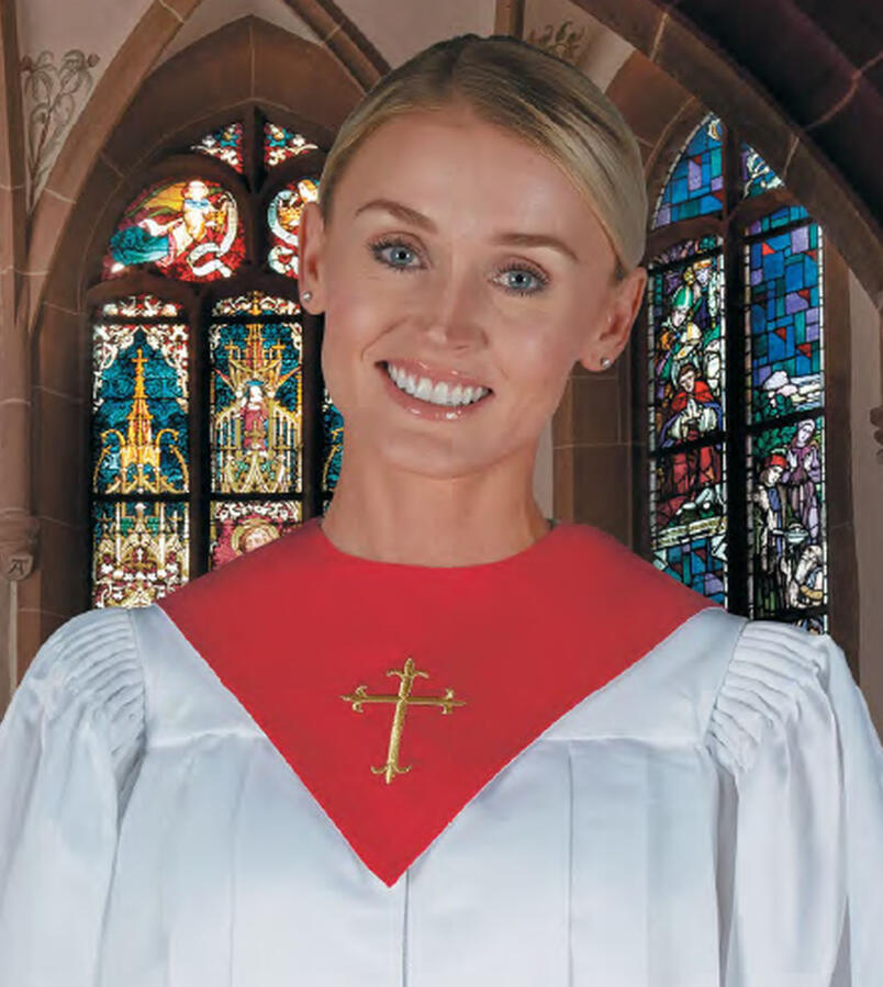 Liturgical/Reversible Choir Stole. Embroidered cross. 11-1/2" L front, 22" L back. Available Colors: Gold/White, Red/White, or Purple/Green. Polyester Satin fabric. Sold in sets of 6 only. $15.95 (KD-195)