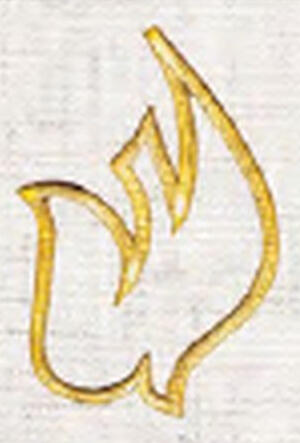 Descending Dove. Stylized outlined descending dove. Gold, Silver, Metallic Gold, or Metallic Silver thread. 4 size choices: 2" to 5". $4 to $8 (D-1355)