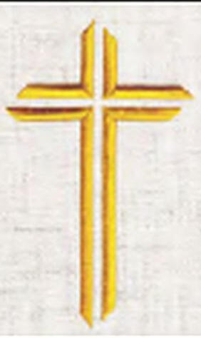 Angled Cross. Stylized cross composed of double parallel lines. Gold, Silver, Metallic Gold, or Metallic Silver thread. 4 size choices: 2" to 5". $4 to $8 (D-1350)