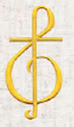 Cross & Treble Clef. Combined cross and treble clef symbol. Gold, Silver, Metallic Gold, or Metallic Silver thread. 4 size choices: 2" to 5". $4 to $8 (D-1353)